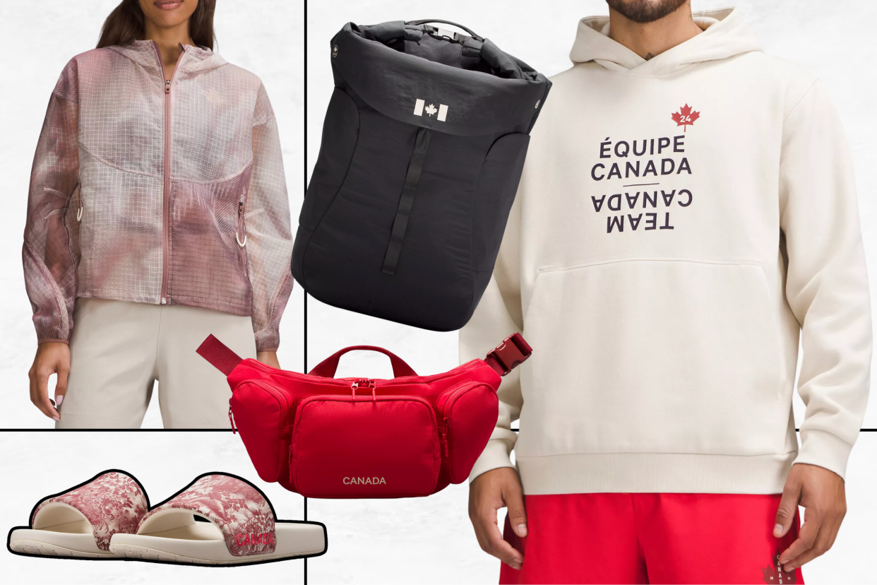 lululemon team canada olympics slides, backpack, hoodie, crossbody bag, jacket, Shop Lululemon's Team Canada collection ahead of the 2024 Paris Summer Olympics (photos via Lululemon).