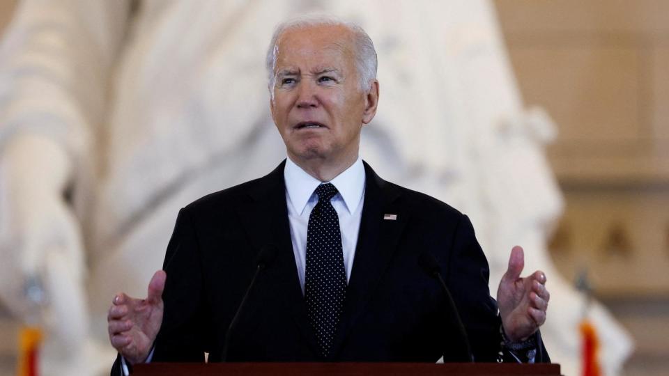 PHOTO: President Joe Biden addresses rising levels of antisemitism, during a speech at the U.S. Holocaust Memorial Museum's Annual Days of Remembrance ceremony, at the U.S. Capitol building, May 7, 2024, in Washington. (Evelyn Hockstein/Reuters)