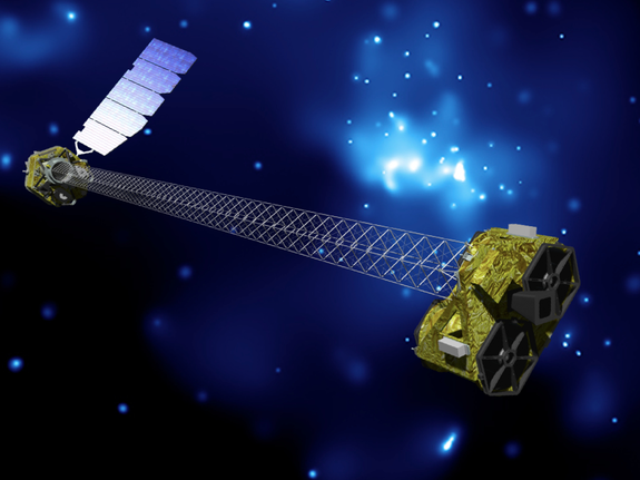 Artist's concept of NuSTAR on orbit. The mission's launch is now scheduled for no earlier than March 21, 2012. NuSTAR has two identical optics modules in order to increase sensitivity. The background is an image of the Galactic center obtained