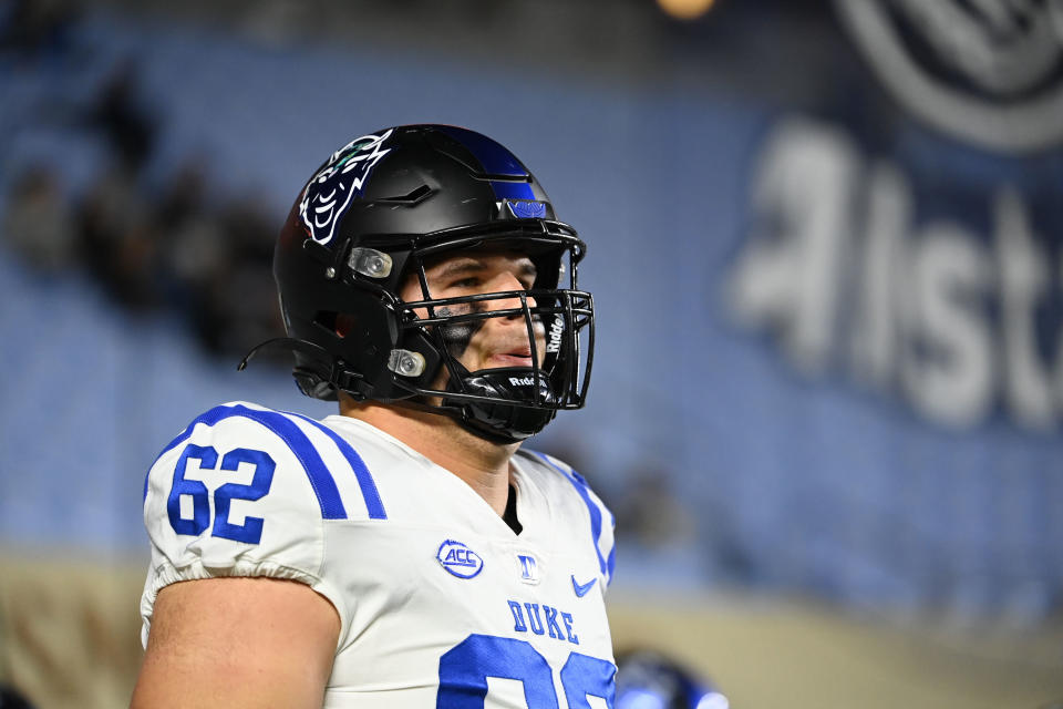 Nov 11, 2023; Chapel Hill, North Carolina, USA; Duke Blue Devils offensive lineman Graham Barton (62) before the game at Kenan Memorial Stadium. Mandatory Credit: Bob Donnan-USA TODAY Sports