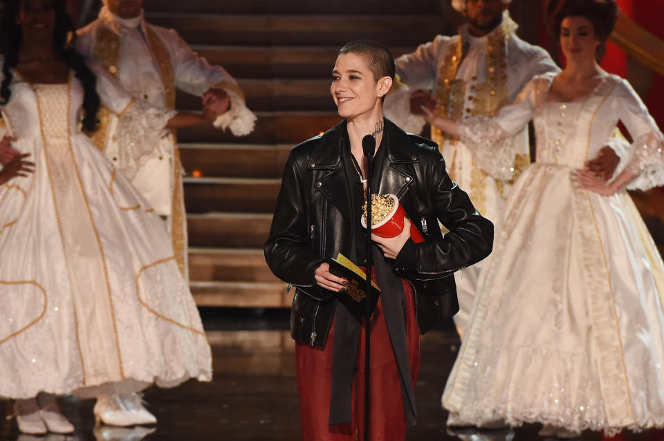 Actor Asia Kate Dillon speaks onstage during the 2017 MTV Movie And TV Awards at The Shrine Auditorium on May 7, 2017 in Los Angeles, California.&nbsp;