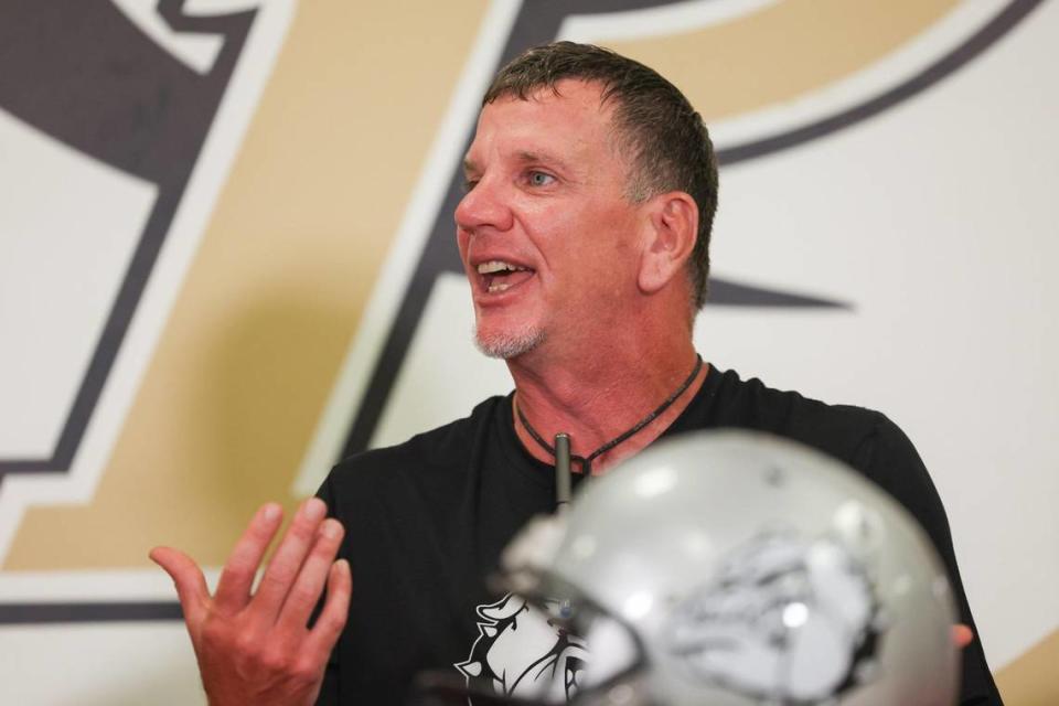 Butler head coach Brian Hales speaks during Southwestern 4A media day at Providence High School on Thursday, July 27, 2023 in Charlotte, NC.