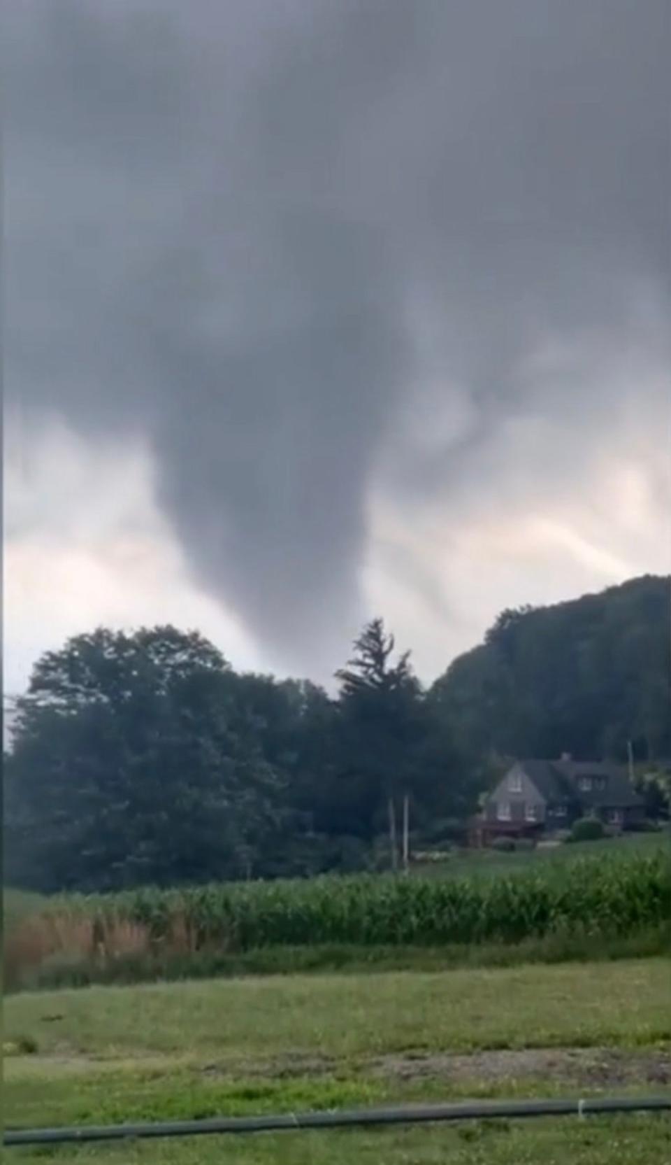 A tornado rips through fields in Eden, New York on 10 July. At least six tornadoes touched down in New York state on Wednesday as the remnants of Hurricane Beryl battered the east coast (Viral Press)