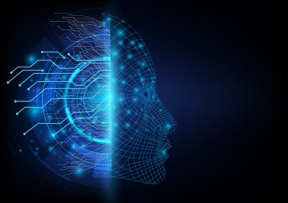 Image of human face outlined in computer circuits.