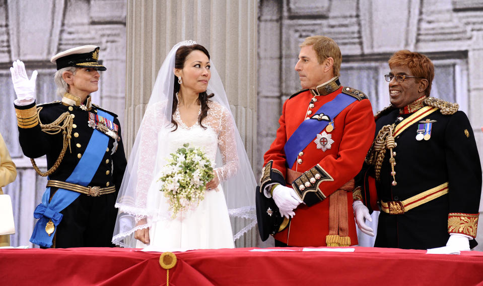 This Oct. 31, 2011 photo shows co-hosts, from left, Savannah Guthrie, Ann Curry, Matt Lauer and Al Roker dressed as the royal family on the Halloween segment of the "Today" show in New York. Curry offered a tearful goodbye as co-host of NBC's "Today" show on Thursday, June 28, 2012. Curry, who joined the show as a news anchor in 1997, will remain at NBC News to be anchor-at-large and national and international correspondent. (AP Photo/NBC, Peter Kramer)