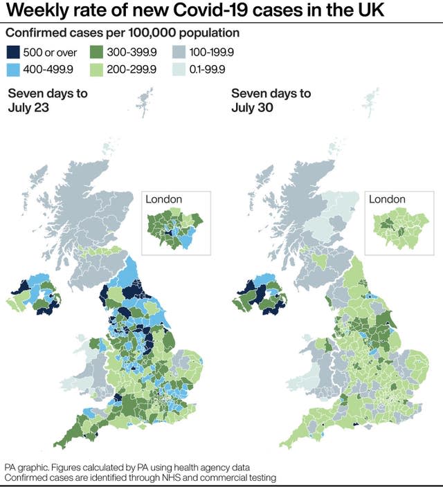 Weekly rate of new Covid-19 cases in the UK