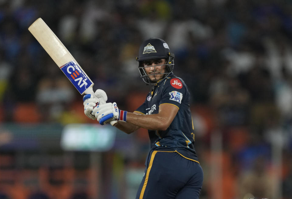 Gujrat Titans' Shubman Gill plays a shot during the Indian Premier League qualifier cricket match between Gujarat Titans and Mumbai Indians in Ahmedabad, India, Friday, May 26, 2023. (AP Photo/Ajit Solanki)