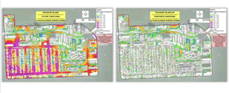 Estos mapas muestran un modelo del tipo de inundación que pudiera experimentar Treasure Island de North Bay Village en 2060, con y sin las inversiones en elevación de calles y bombeo de aguas pluviales que la villa está considerando.