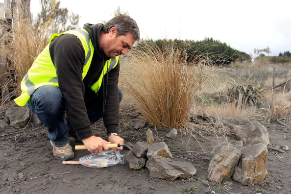 Dr Jon Procter from Massey University collects an ash sample after Mt Tongariro erupted for the first time in over 100 years on August 7, 2012 in Tongariro National Park, New Zealand. Mt Tongariro erupted intermittently from 1855 to 1897. Although not an immediate threat to the community, the latest eruption may be the beginning of weeks, months or even years of volcanic activity. (Photo by Hagen Hopkins/Getty Images)