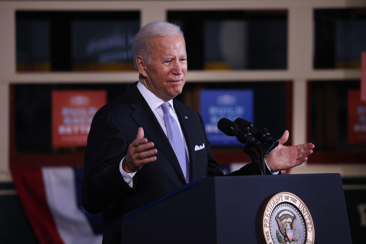 SCRANTON, PENNSYLVANIA - OCTOBER 20: President Joe Biden speaks at an event at the Electric City Trolley Museum in Scranton on October 20, 2021 in Scranton, Pennsylvania. In an effort to appease West Virginia Senator Joe Manchin, the President has discussed a $1.75 to $1.9 trillion price tag for the spending package that's currently being negotiated.  (Photo by Spencer Platt/Getty Images)