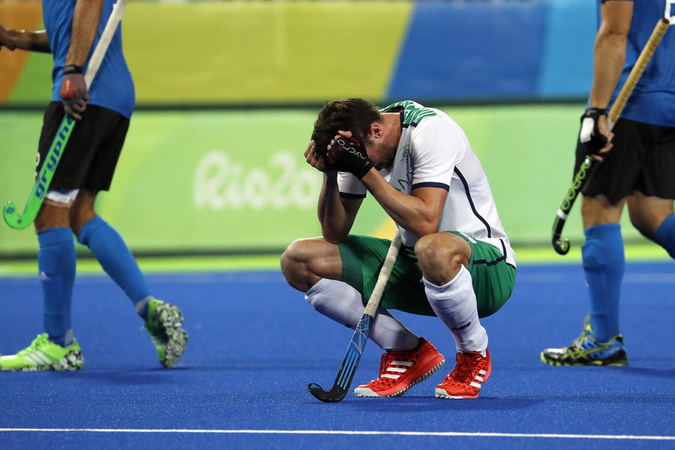 <p>Ireland’s Paul Gleghorne puts his hands to his head after losing to Argentina during a men’s field hockey match at the 2016 Summer Olympics in Rio de Janeiro, Brazil, Friday, Aug. 12, 2016. (AP Photo/Dario Lopez-Mills) </p>