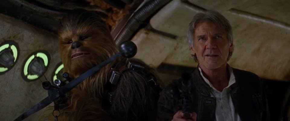 Han and Chewbacca in the Millenium Falcon in "Star Wars - The Force Awakens"