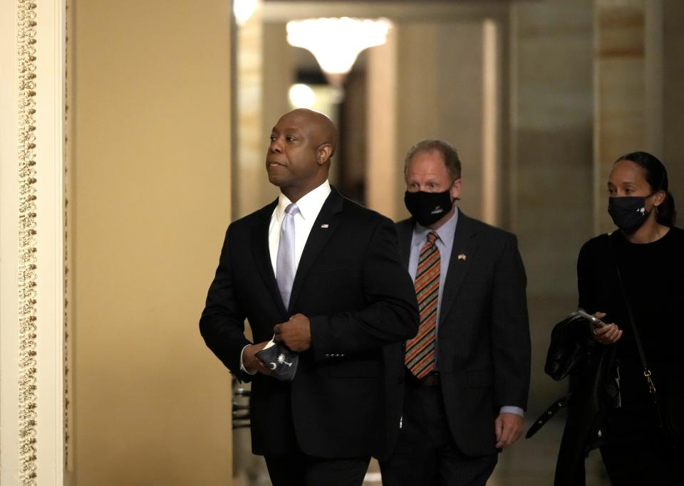 Sen. Tim Scott (R-SC) walks through the U.S. Capitol before he delivers the republican response to President Biden's address to congress April 28, 2021 in Washington, DC.