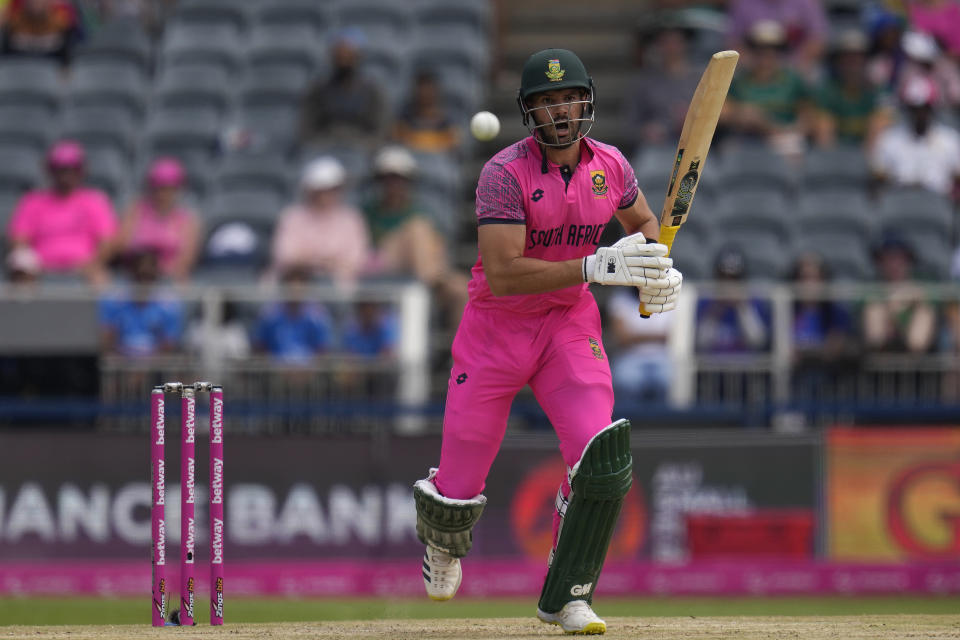 South Africa's captain Aiden Markam reacts after playing a short ball during the first One Day International cricket match between South Africa and India, at the Wanderers in Johannesburg, South Africa, Sunday, Dec. 17, 2023. (AP Photo/Themba Hadebe)