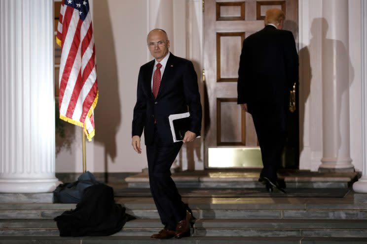 Puzder departs after a meeting with Trump at the Trump National Golf Club in Bedminster, N.J., Nov. 19, 2016. (Mike Segar/Reuters)