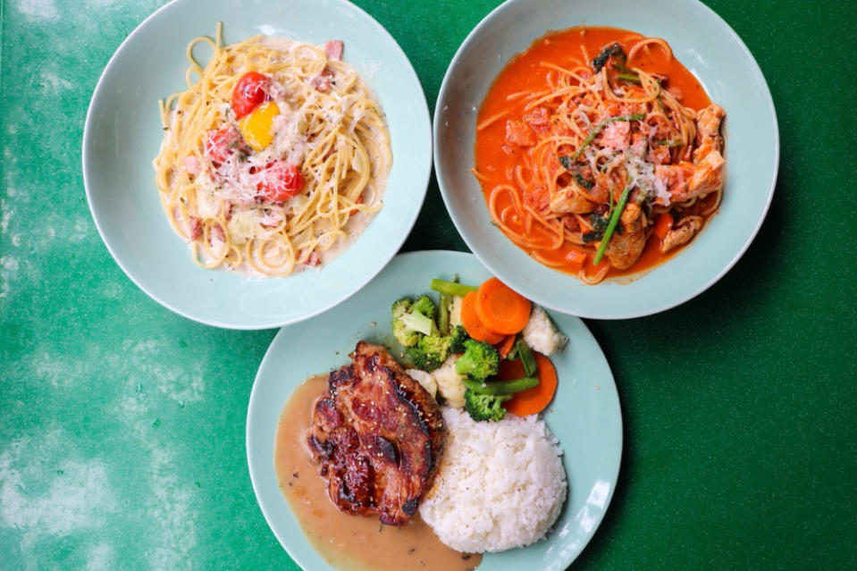 Photo collage of Carbonara, Rossa & Desmond's Pork Chop Rice