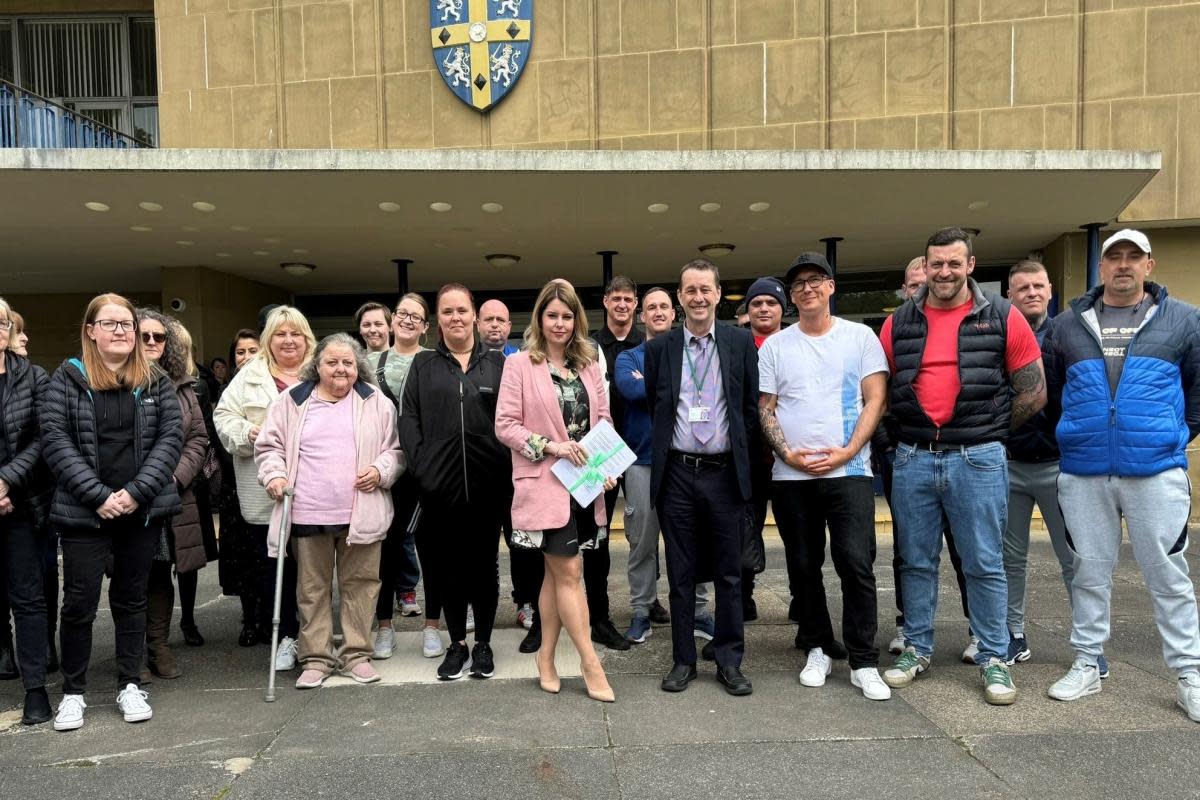 Kim McGuinness and meeting attendees outside County Hall in Durham. <i>(Image: LDRS)</i>