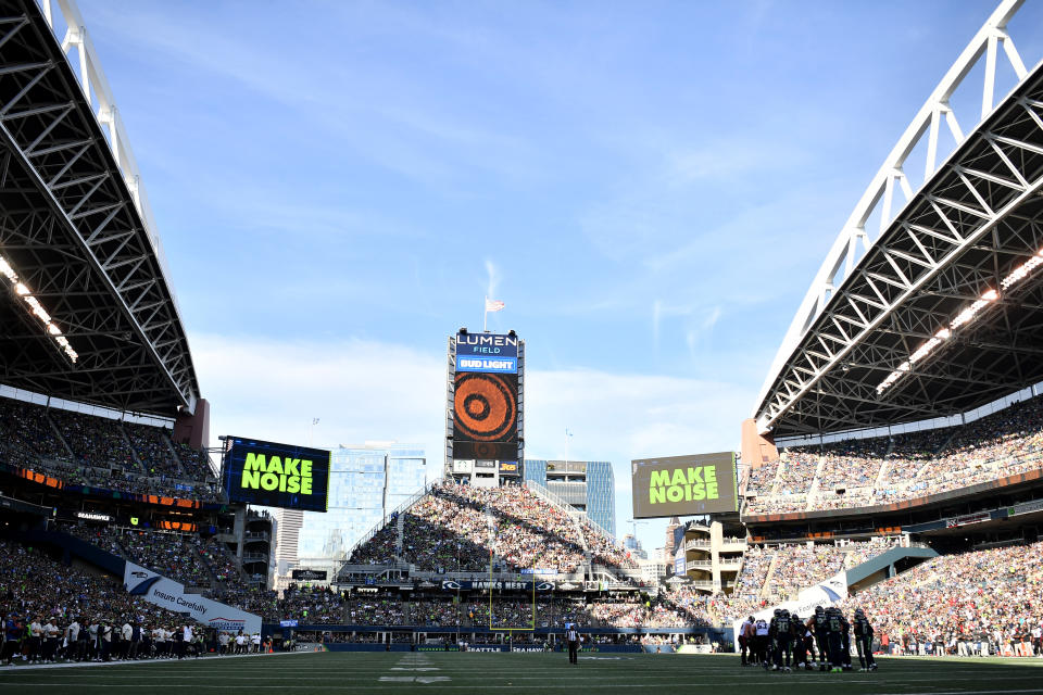 A drone briefly suspended play during the Seahawks-Falcons game on Sunday afternoon in Seattle. (Jane Gershovich/Getty Images)