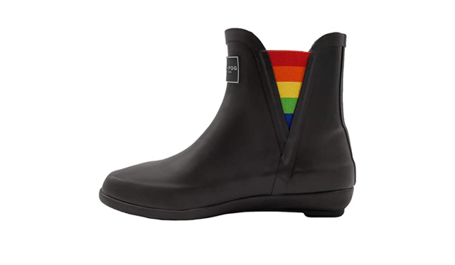 Black London Fog Rain Boot with rainbow pattern