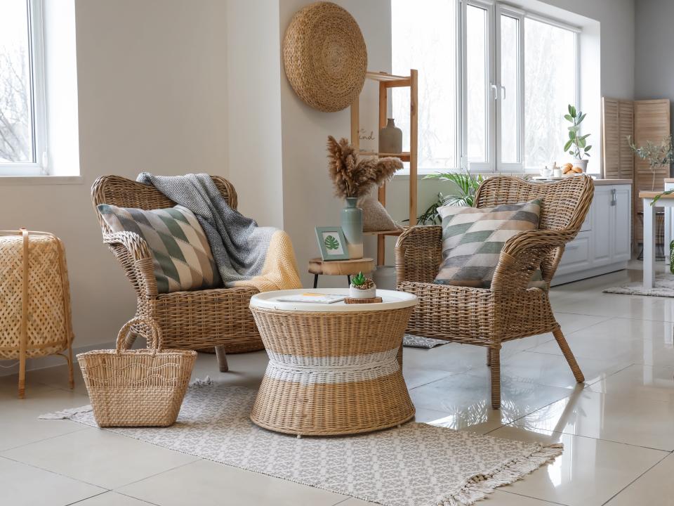 Living room with wicker chairs and coffee table