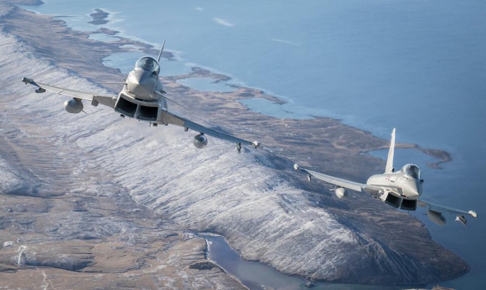 A pair of Typhoon jets flying over the Falkland Islands (MOD Crown Copyright/PA)