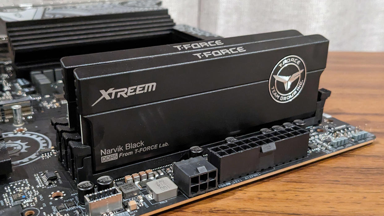  Teamgroup T-Force Xtreem DDR5 memory installed in a motherboard. 