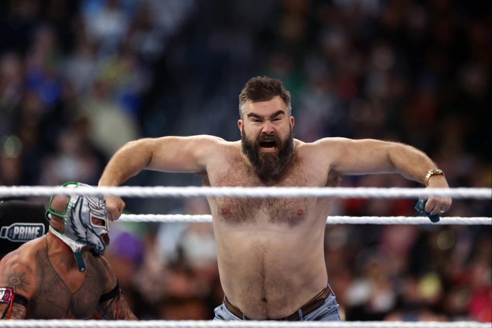 Retired NFL star Jason Kelce (right) with Rey Mysterio at WrestleMania (Getty Images)