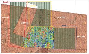 The three Zones (A, B and C) of the Phase 2 Soil Sampling Programme with Au (ppb) anomalies from the Phase 1 programme