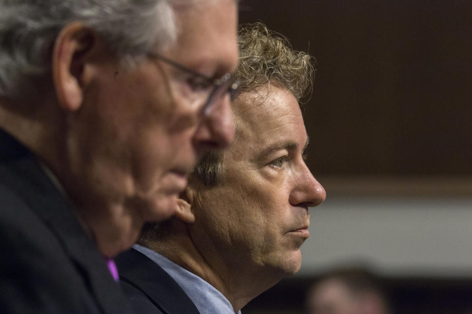 FILE - Senate Majority Leader Mitch McConnell, of Ky., left, and Sen. Rand Paul, R-Ky., appear on Capitol Hill in Washington, on Jan. 11, 2017. Paul on Monday, July 18, 2022, accused McConnell of cutting “a secret deal with the White House that fell apart,” blaming a lack of communication by his fellow Kentuckian for the failure of a federal judicial nomination. (AP Photo/Zach Gibson, File)