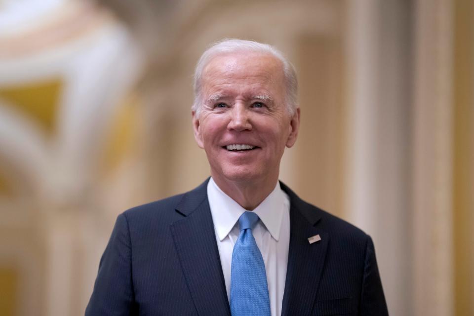 President Joe Biden talks to reporters after a lunch with Senate Majority Leader Chuck Schumer, D-N.Y., and Senate Democrats about his upcoming budget and political agenda, at the Capitol in Washington, Thursday, March 2, 2023. (AP Photo/J. Scott Applewhite) ORG XMIT: DCSA121