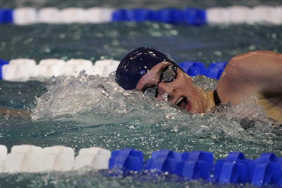 Pennsylvania's Lia Thomas competes in a preliminary heat in the 500-yard freestyle at the NCAA women's swimming and diving championships Thursday, March 17, 2022, in at Georgia Tech in Atlanta. (AP Photo/John Bazemore)