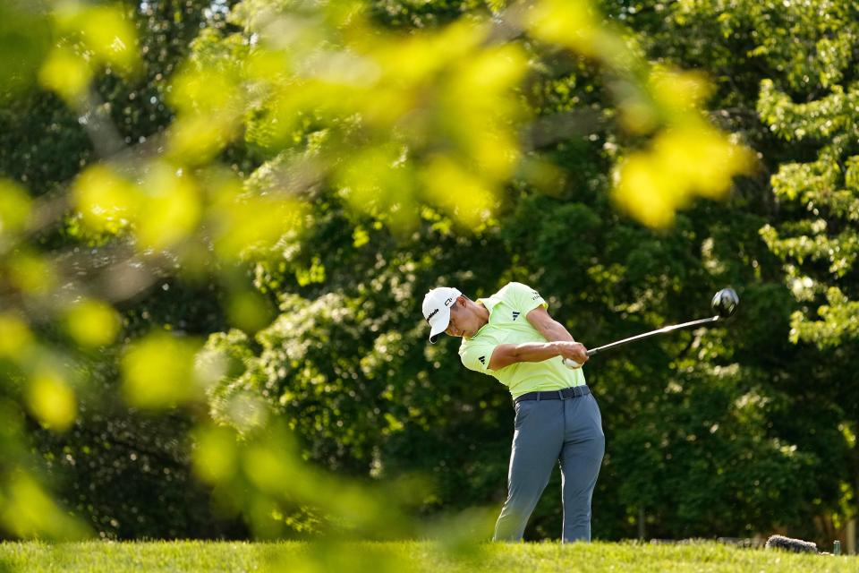 Collin Morikawa tees off on the 18th hole during the final round of the Memorial at Muirfield Village Golf Club.