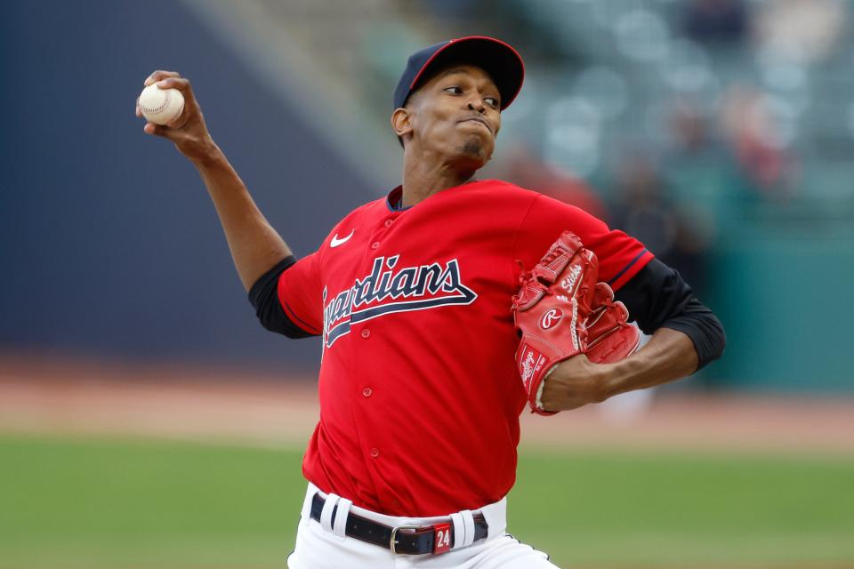 Cleveland Guardians starting pitcher Triston McKenzie delivers against the Kansas City Royals during the first inning of a baseball game, Monday, Oct. 3, 2022, in Cleveland. (AP Photo/Ron Schwane)