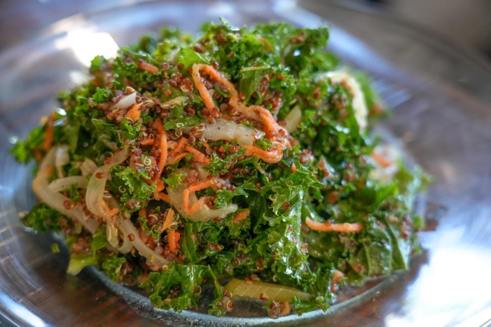 The Super Kale Salad at Green Line Apothecary has organic kale, pickled vegetables, red quinoa in a gut-friendly raw apple cider and local maple syrup and herb vinaigrette.