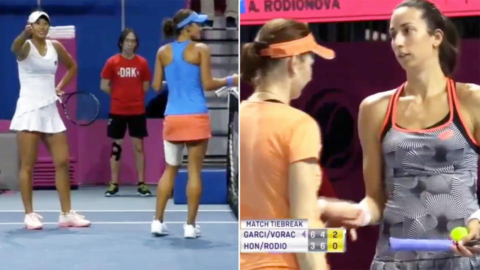 Controversy erupts in doubles match between Arina Rodionova and Priscilla Hon of Australia and Spain’s Georgina Garcia Perez and Renata Voracova of the Czech Republic.