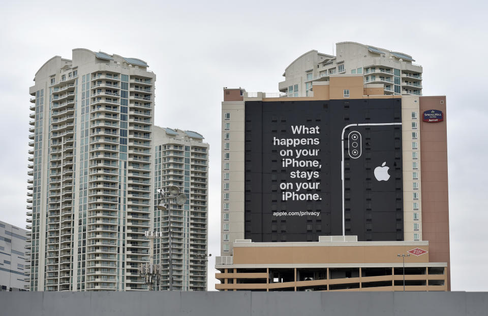 LAS VEGAS, NEVADA - JANUARY 07:  A billboard advertising Apple's iPhone security is displayed during CES 2019 on January 07, 2019 in Las Vegas, Nevada. CES, the world's largest annual consumer technology trade show, runs from January 8-11 and features about 4,500 exhibitors showing off their latest products and services to more than 180,000 attendees.  (Photo by David Becker/Getty Images)