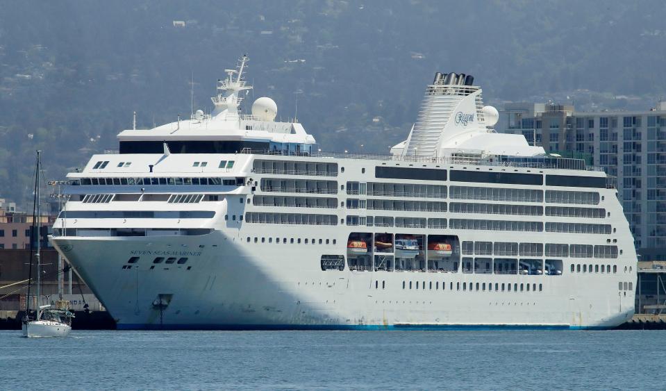 The Regent cruise ship Seven Seas Mariner is seen docked at the Port of Oakland on Thursday, May 21, 2020, in Oakland, Calif. (AP Photo/Ben Margot)