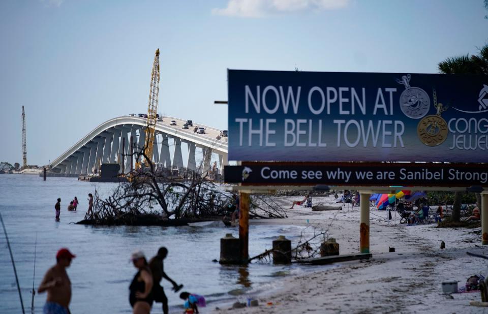 The Sanibel Causeway is seen from San Carlos Bay Beach on Monday, Jan. 2, 2023 when Sanibel reopened to the public for the first time since Hurricane Ian.