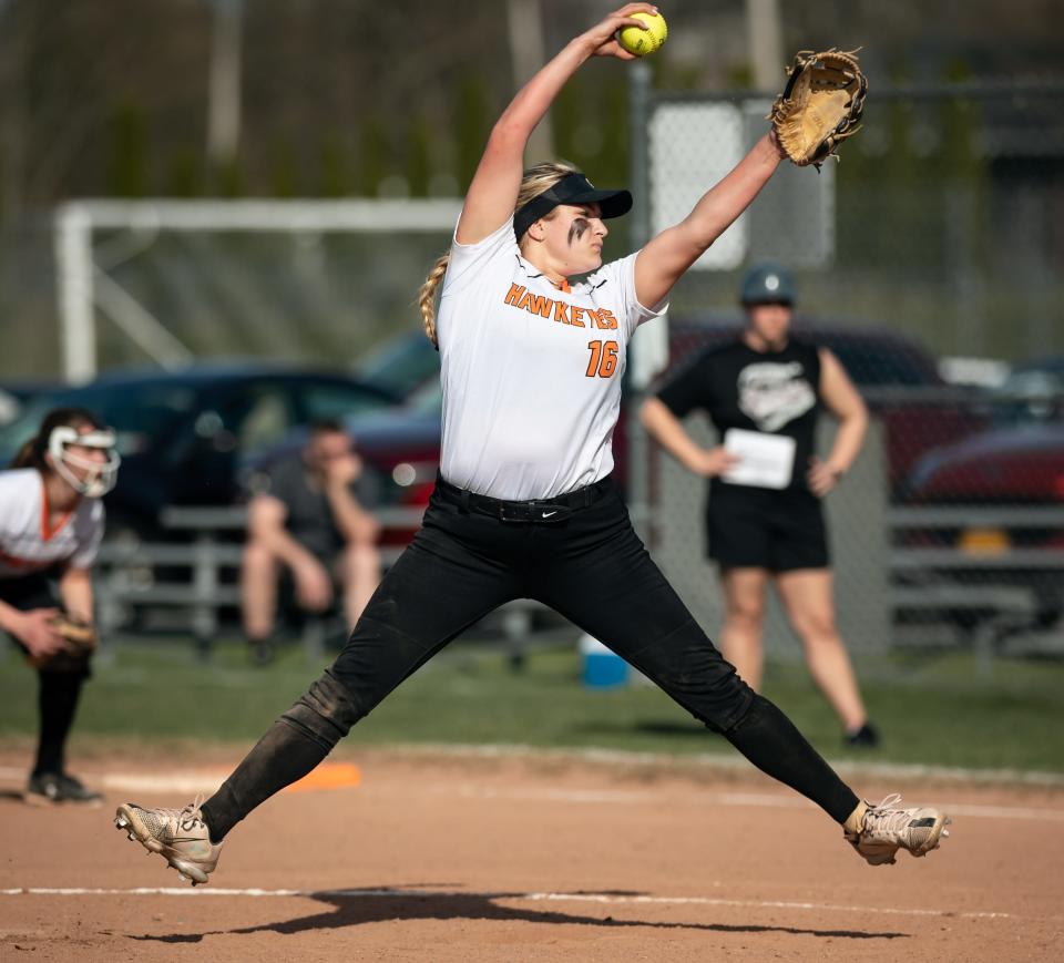 Cooperstown's Danielle Seamon winds up for a pitch at Piersma Field in Oriskany, NY on Friday, April 14, 2023.