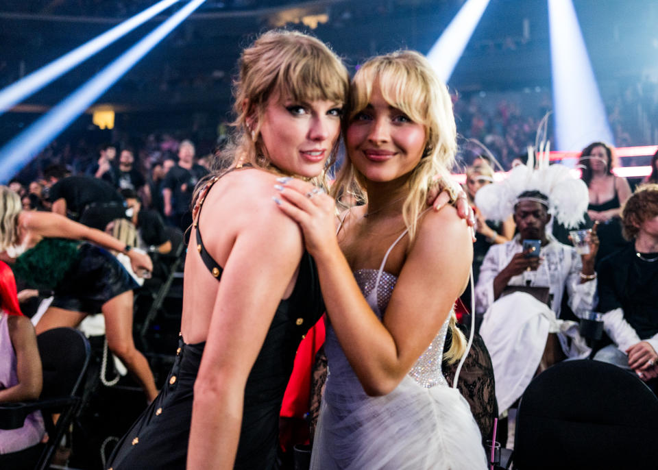 Taylor Swift and Sabrina Carpenter attend the 2023 Video Music Awards at Prudential Center on September 12, 2023 in Newark, New Jersey. 