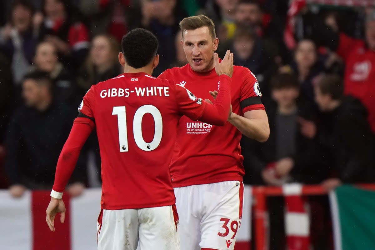 Chris Wood, right, celebrates his equaliser (Tim Goode/PA) (PA Wire)