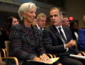 Governor of the Bank of England Mark Carney speaks to International Monetary Fund Managing Director Christine Lagarde before delivering the Michel Camdessus Central Banking Lecture at the International Monetary Fund in Washington, U.S., September 18, 2017. REUTERS/Joshua Roberts