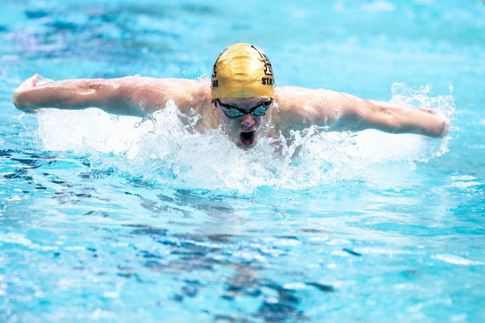 Ankeny's Lance Swanepoel competes qualified for the boys state swimming meet in four events during last Saturday's district meet held at the Dan Flannery Pool in Ames.