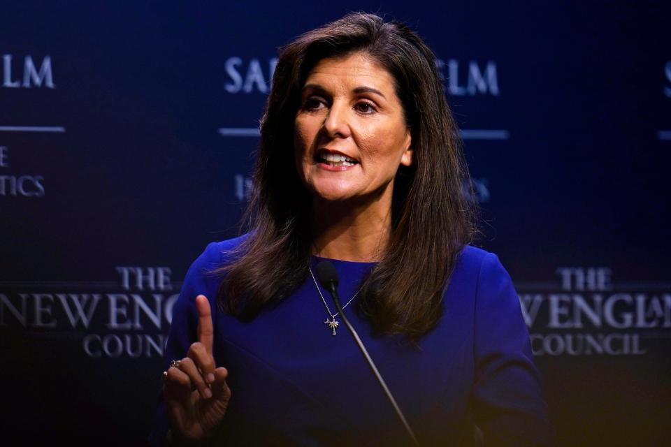 Republican presidential candidate Nikki Haley gestures while addressing a breakfast gathering at Saint Anselm College, Wednesday, May 24, 2023, in Manchester, N.H.