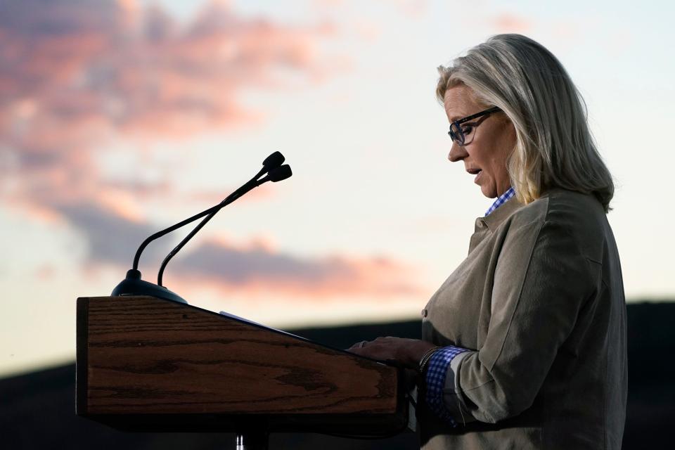 Rep. Liz Cheney, R-Wyo., speaks on Aug. 16, 2022, at a primary Election Day gathering in Jackson. Cheney lost to Harriet Hageman in the Republican primary.