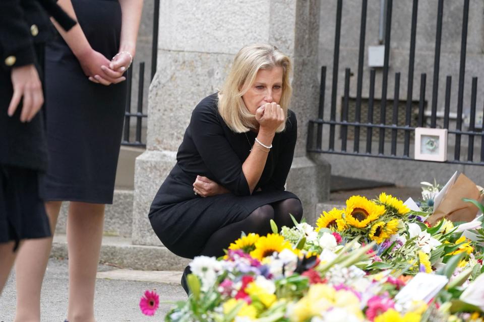 Members of the Royal family walk back from Crathie Kirk and examine floral tributes following the death of Queen Elizabeth, in Balmoral, Scotland, Britain, September 10, 2022. 10 Sep 2022 Pictured: The Countess of Wessex. Photo credit: WPA-Pool / MEGA TheMegaAgency.com +1 888 505 6342