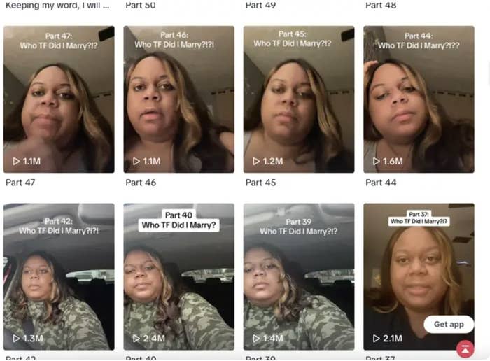 A grid of eight TikTok thumbnails showing a woman with different expressions, titled "Who Did I Marry?" parts 39-47