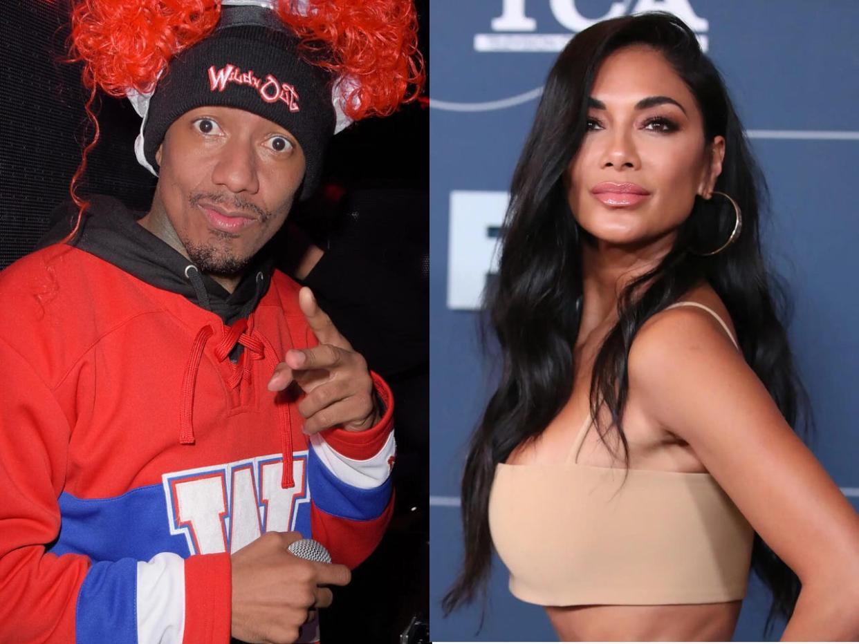 A side-by-side of Nick Cannon wearing a red afro-style wig and a striped hoodie and Nicole Scherzinger posing in a beige top.