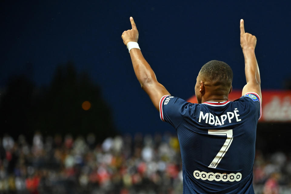 Paris Saint-Germain's French forward Kylian Mbappe celebrates after scoring a goal during the French L1 football match between Stade Brestois and Paris Saint-Germain at Francis-Le Ble Stadium in Brest on August 20, 2021. (Photo by LOIC VENANCE / AFP) (Photo by LOIC VENANCE/AFP via Getty Images)