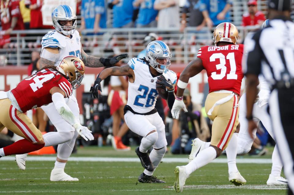 Lions running back Jahmyr Gibbs runs the ball in the first quarter of the NFC championship game at Levi's Stadium in Santa Clara, California, on Sunday, Jan. 28, 2024.